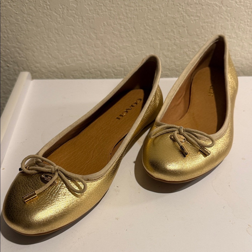 Coach Gold Flats with Bow Detail